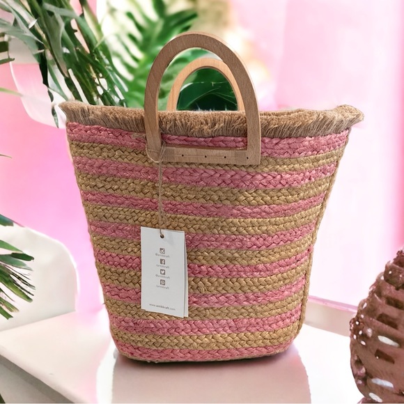 NWT Antik Kraft blush stripe jute tote bag - Picture 1 of 3